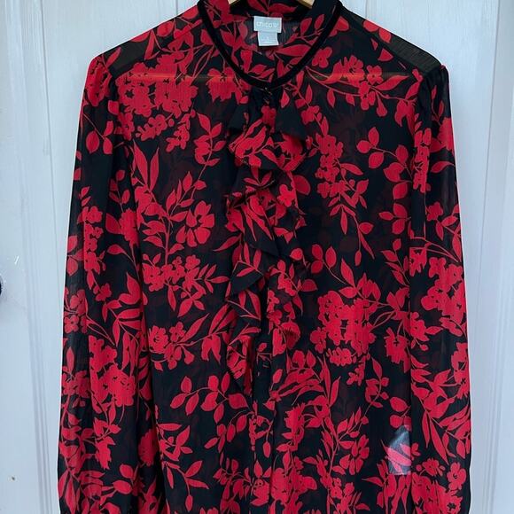 Chico’s Red Floral Ruffle Front Blouse | Size 3 (U.S. 16/18) - Picture 8 of 8